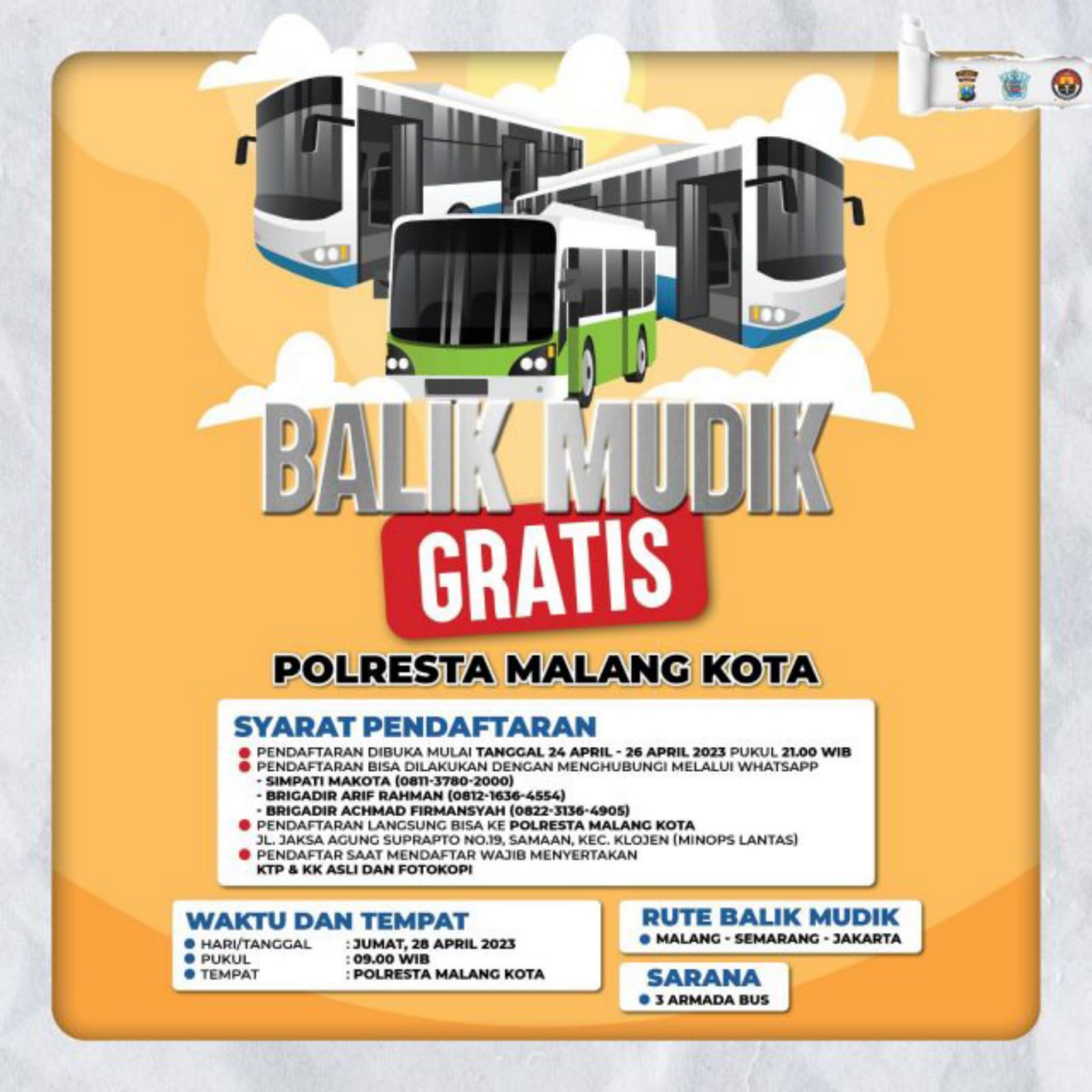 Polresta Malang Kota Buka Layanan Balik Mudik Gratis Tujuan Semarang Jakarta