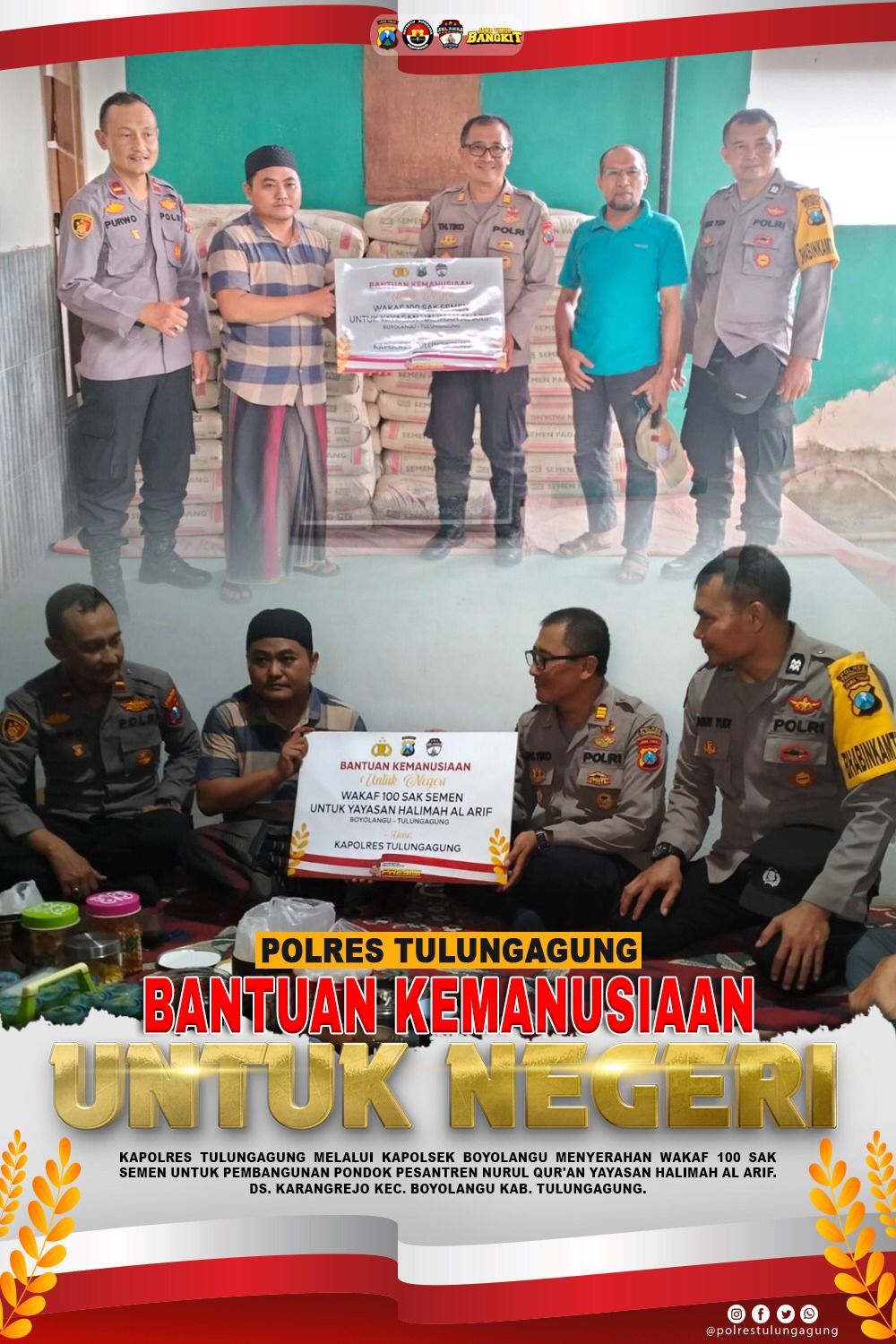 Untuk Pembangunan Pondok Pesantren Nurul Qur’an, Kapolres Tulungagung Wakafkan Semen