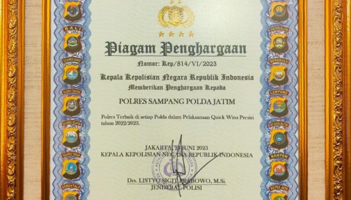Polres Sampang Dapatkan Penghargaan Kapolri Berkat Pelaksanaan Quick Win Presisi Se Jajaran Polda Jatim