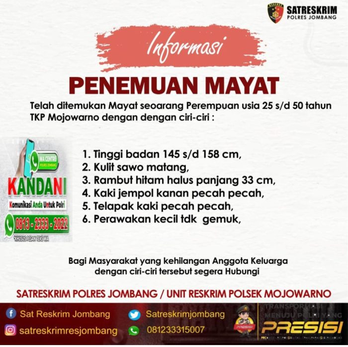 Ciri-ciri Jasad Korban Mutilasi di Jombang Terungkap