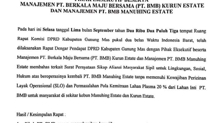 Apakah PT. BMB Sudah Memenuhi Kewajiban Perizinan Layak Operasional (SLO) dan Plasma 20%
