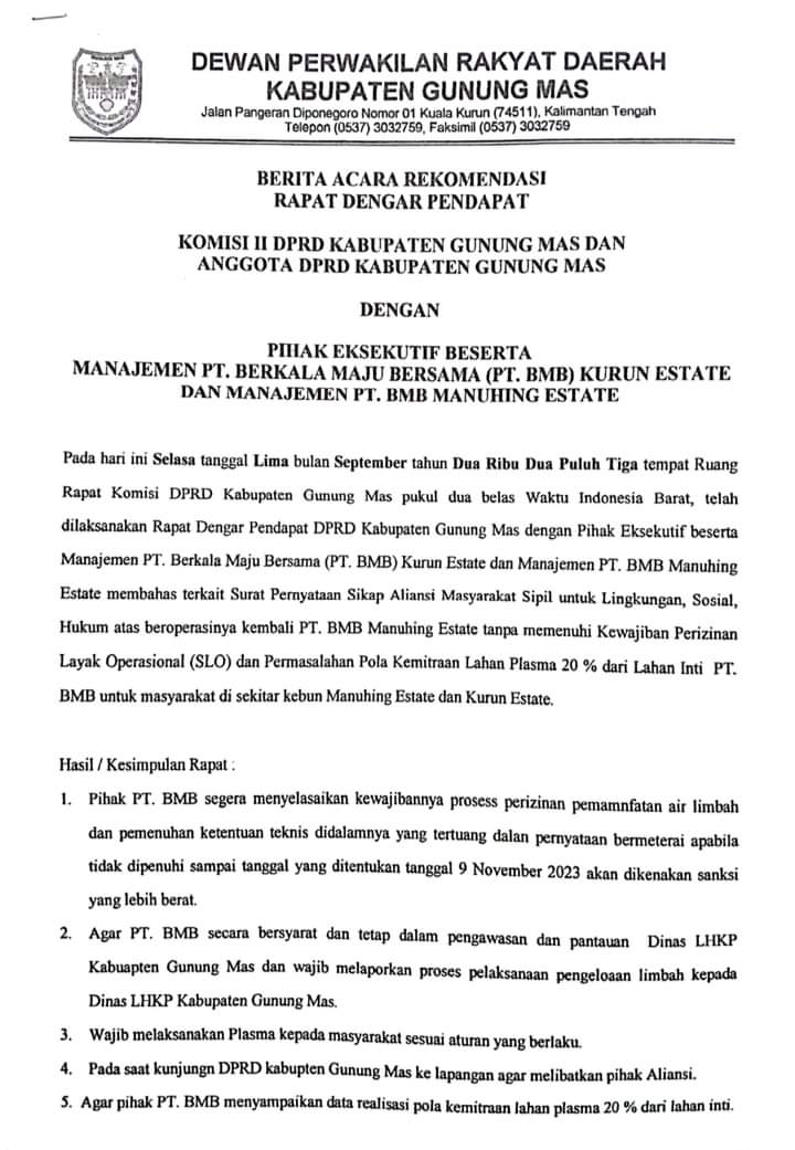 Apakah PT. BMB Sudah Memenuhi Kewajiban Perizinan Layak Operasional (SLO) dan Plasma 20%