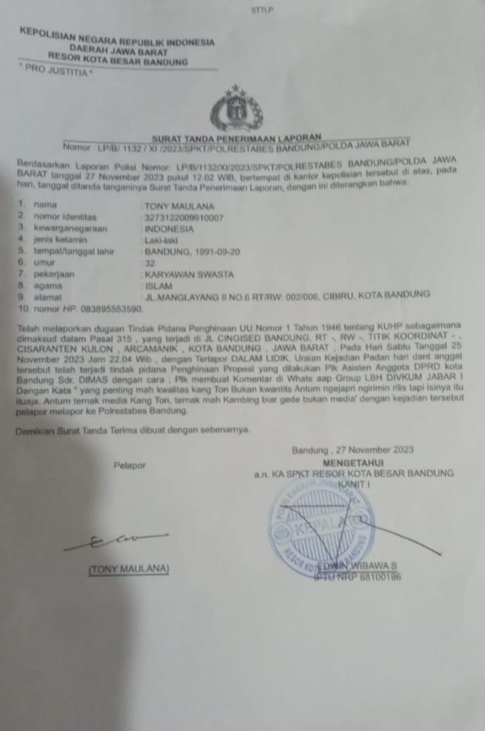 Hina Profesi Wartawan, Oknum Asisten Anggota DPRD Fraksi PKB di Polisikan