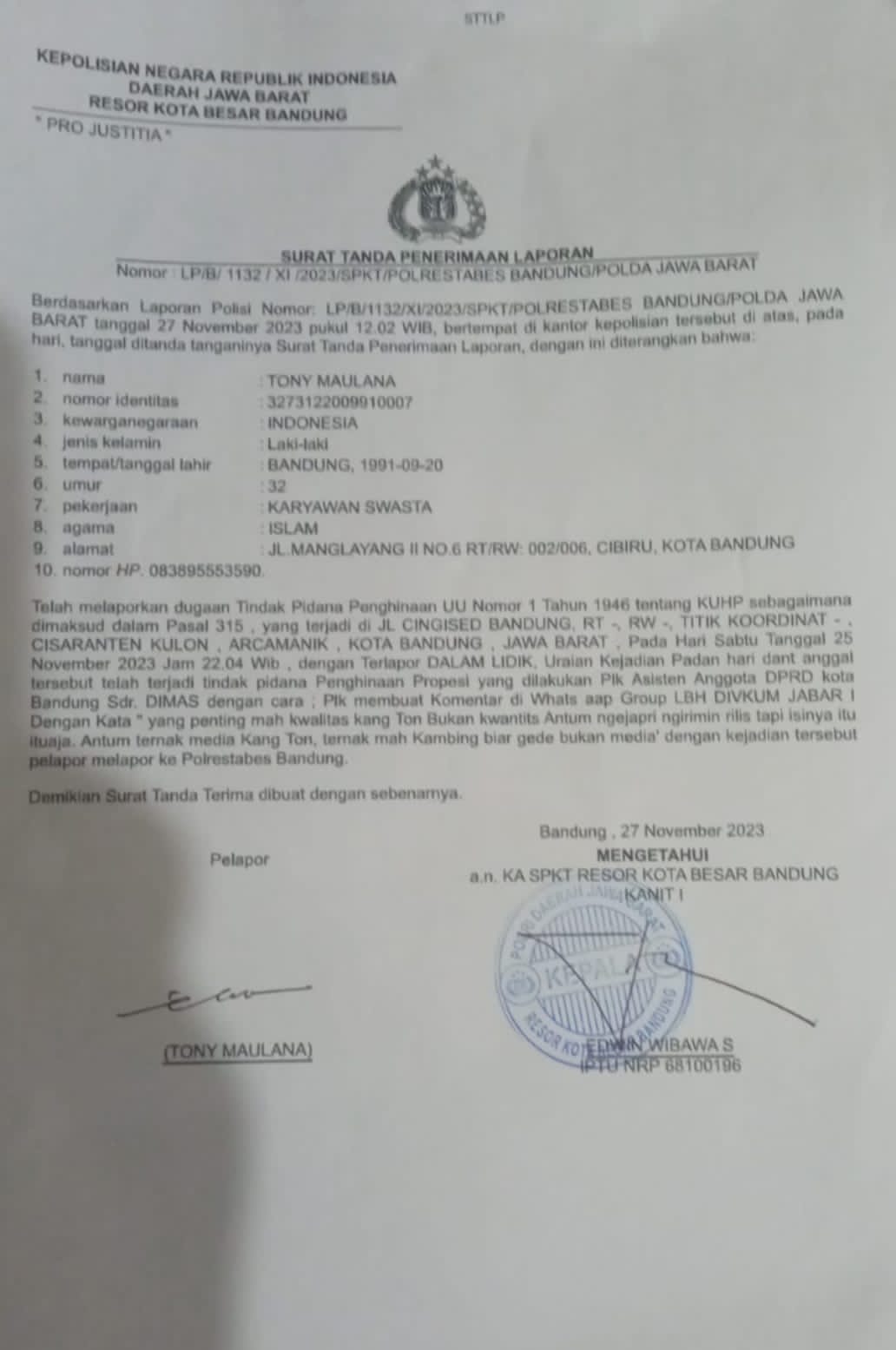 Hina Profesi Wartawan, Oknum Asisten Anggota DPRD Fraksi PKB di Polisikan