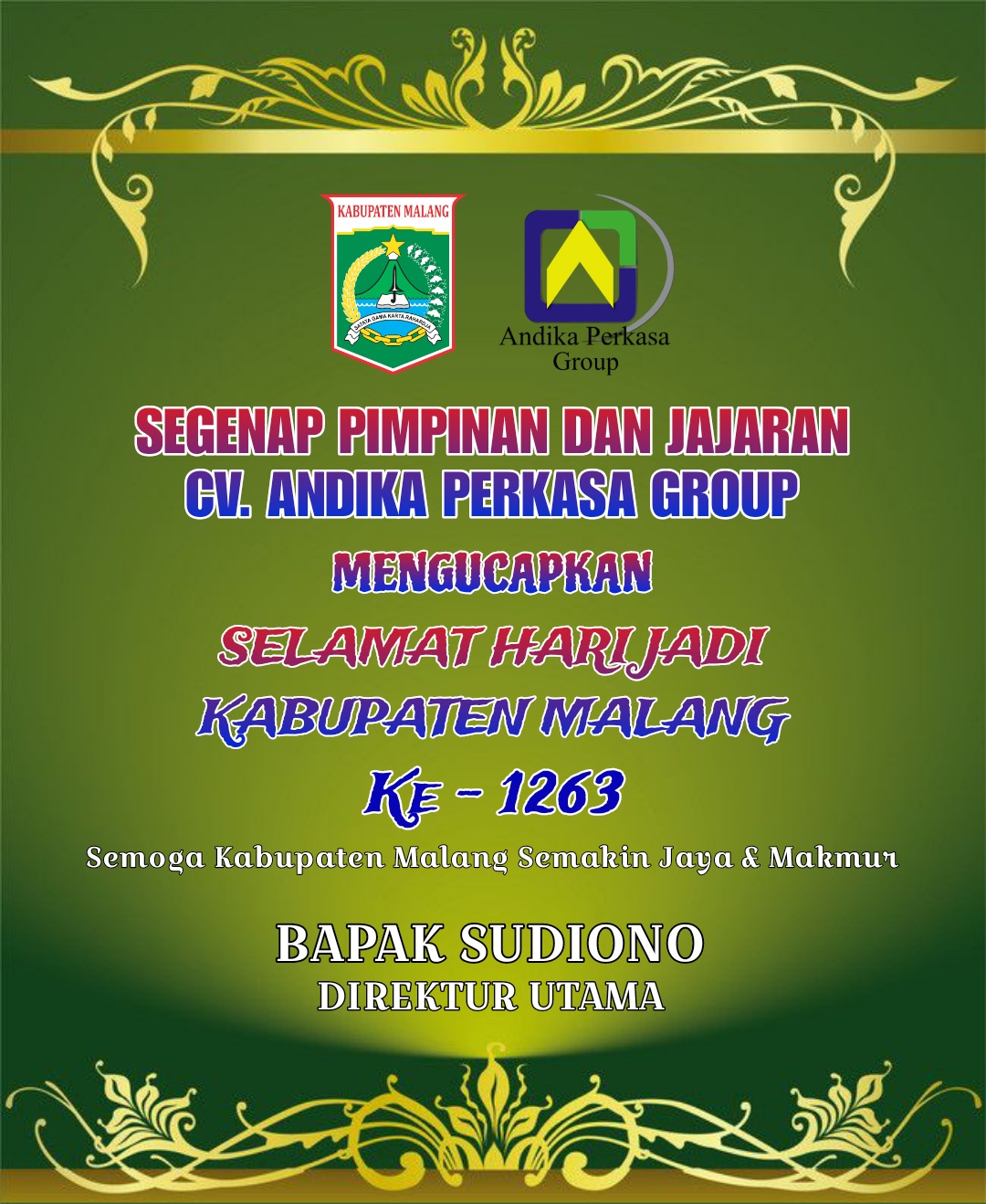 Segenap Pimpinan dan Jajaran CV. Andika Perkasa Group Mengucapkan Selamat Hari Jadi Kabupaten Malang Ke – 1263