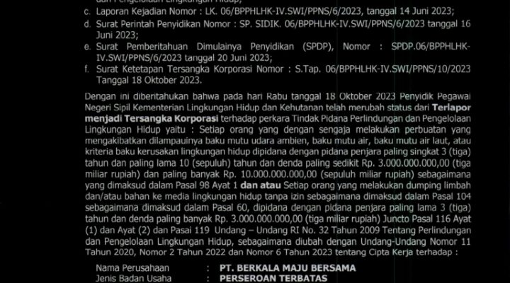 PT BMB Jadi Tersangka Korporasi Per.lindungan dan Pengelolaan Lingkungan Hidup