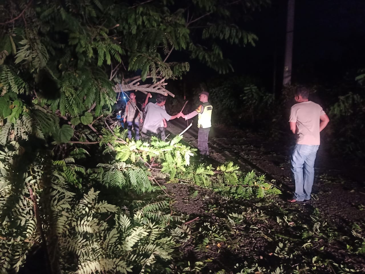 Momen Gotong-Royong : Anggota Polsek Tulis dan Warga Bersihkan Pohon Tumbang Di Desa Kenconorejo