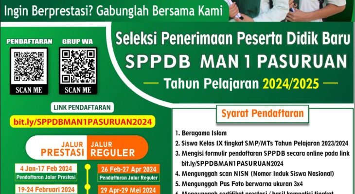 Pendaftaran SPPDB MAN 1 Pasuruan Tahun Pelajaran 2024 – 2025 Segera di Buka