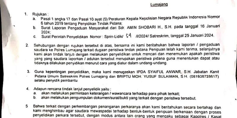 Oknum Anggota DPRD  DiLaporkan Ke Polres Lumajang Dugaan Kasus Penipuan