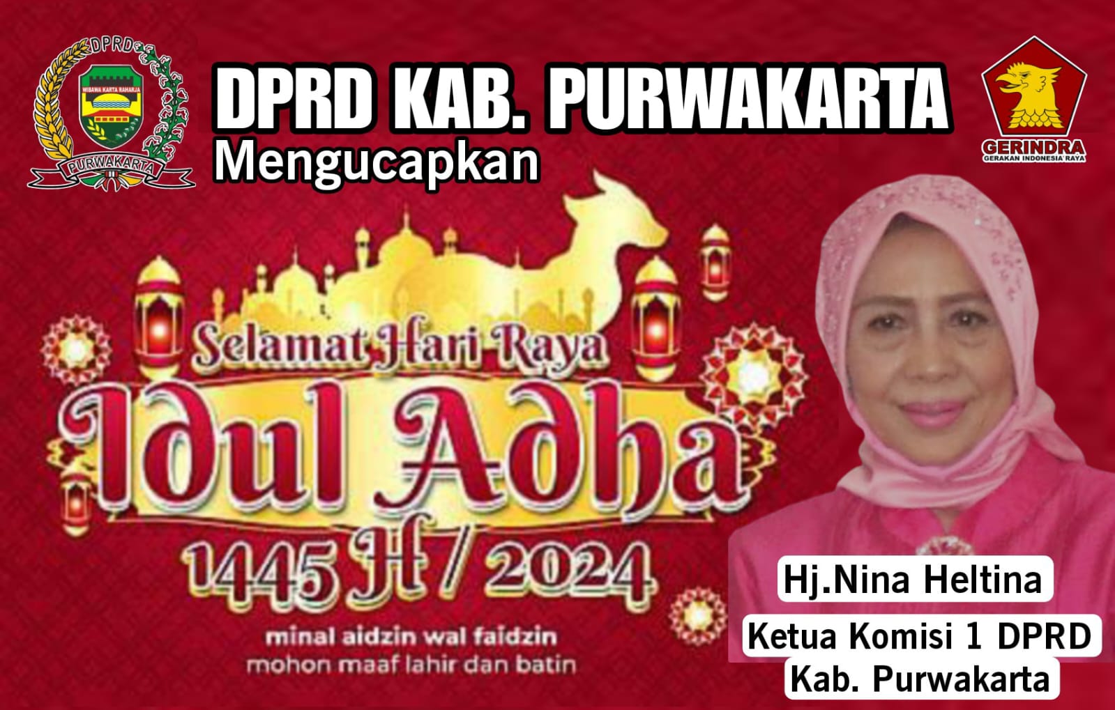 Hj. Nina Heltina Ketua Komisi 1 DPRD Kabupaten Purwakarta Mengucapkan Selamat Hari Raya Idul Adha 1445 H / 2024