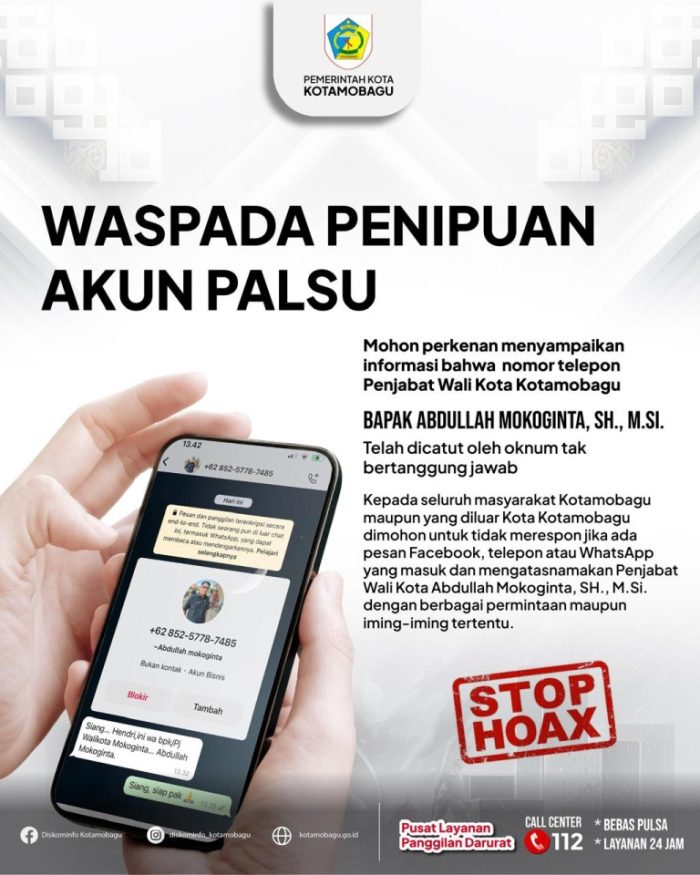 Awas Penipu! Usai di Lantik, “Nama Pj Wali Kota Kotamobagu Dicatut, Pelaku Minta Uang ke Sejumlah OPD”