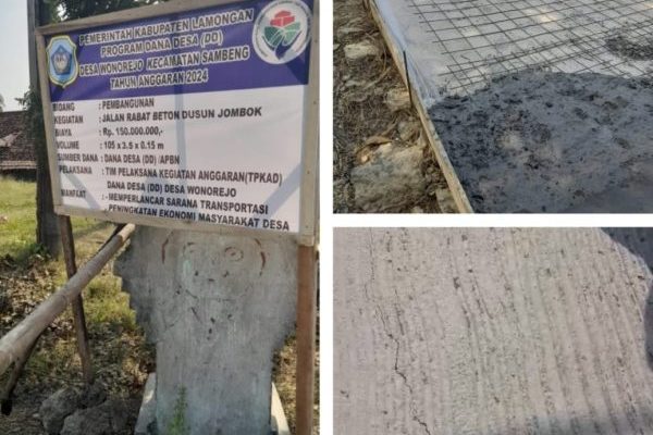Baru Dibangun, Pembangunan Jalan Rabat Beton Dari DD di Desa Wonorejo Sudah Retak