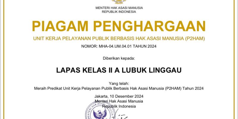 Lapas Kelas IIA Lubuk Linggau Raih Predikat P2HAM