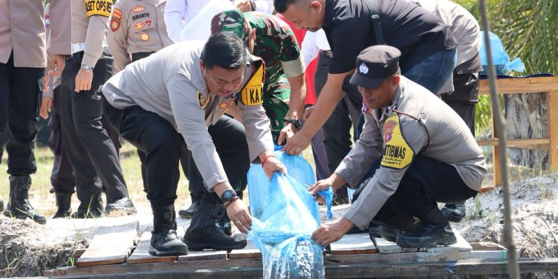 Kapolsek Rakumpit Saksikan Kapolresta Palangka Raya Tebar Benih Ikan di Kolam Mapolsek