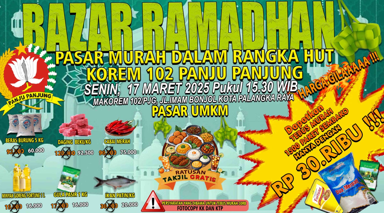 Peringati HUT Ke-51, Korem 102/Pjg Gelar Bazar Ramadhan Dan Pasar Murah 2.000 Paket Sembako