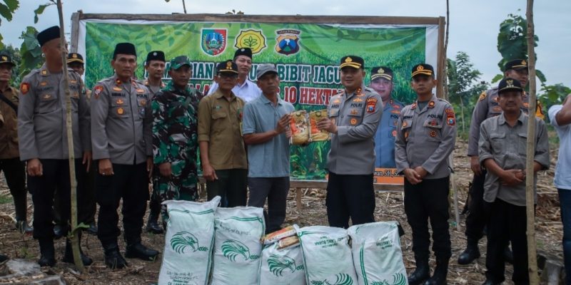 Kapolres Jombang Serahkan Bantuan Benih Jagung kepada LMDH Sumber Makmur Alaska di Desa Sumberaji, Kabuh