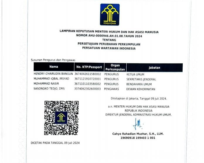 Atas Dasar SK Dari Kemenkumham Ketua Umum PWI Pusat Hendry Ch Bangun Yang Sah