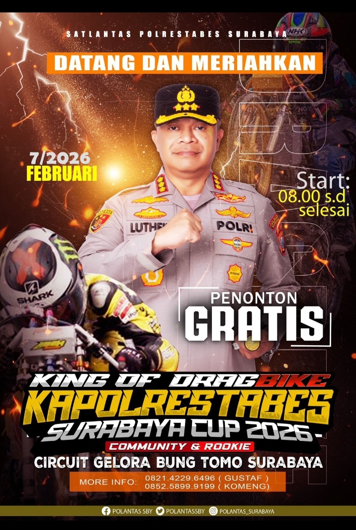 Ajang King of Drag Bike Kapolrestabes Surabaya Cup 2026, Nonton Gratis di GBT Surabaya
