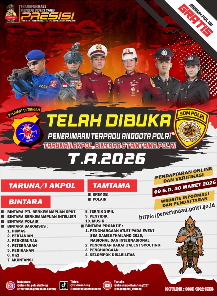 Polda Kalteng Buka Pendaftaran Rekruitmen Polri Tahun 2026 Jalur Akpol, Bintara dan Tamtama Gratis