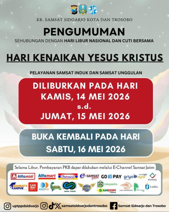 Samsat Sidoarjo Tutup Sementara Saat Libur Kenaikan Yesus Kristus, Layanan Buka Kembali 16 Mei