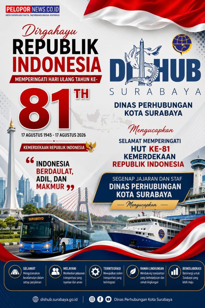 Segenap Jajaran Dan Staf Dinas Perhubungan Kota Surabaya Mengucapkan Selamat Memperingati Dirgahayu Republik Indonesia Ke – 81 Tahun, (17 Agustus 2026).